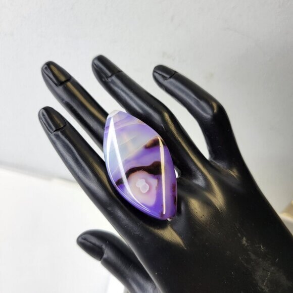 Marbled Purple Agate Ring Adjustable Band Handmade Semi Precious Ring - Picture 11 of 14